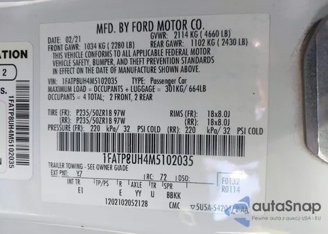 2021 Ford Mustang Ecoboost Premium из США, поврежденный, VIN 1FATP8UH4M5102035